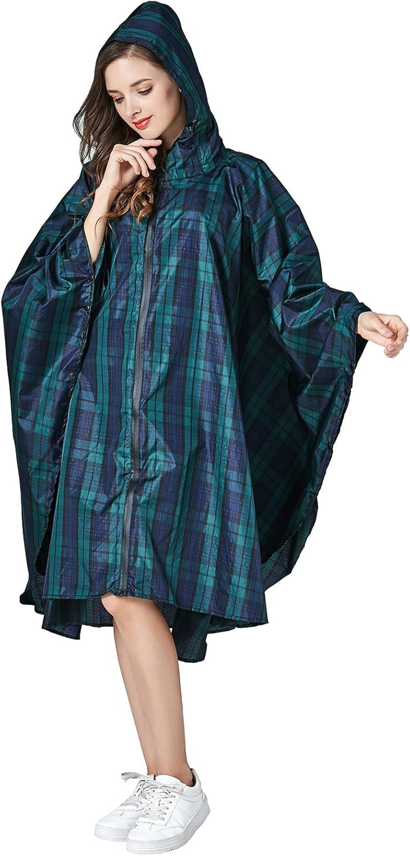 Womens Rain Poncho Stylish Polyester Waterproof Raincoat Free Size with Hood Zipper