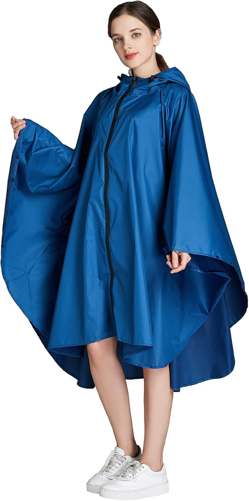 Womens Rain Poncho Stylish Polyester Waterproof Raincoat Free Size with Hood Zipper