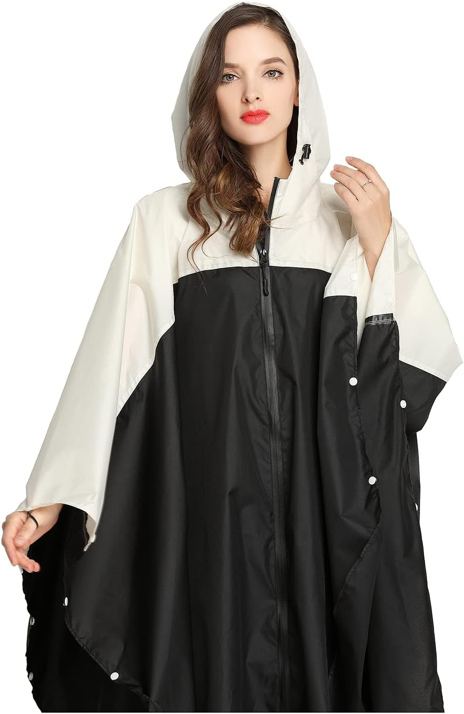 Womens Rain Poncho Stylish Polyester Waterproof Raincoat Free Size with Hood Zipper