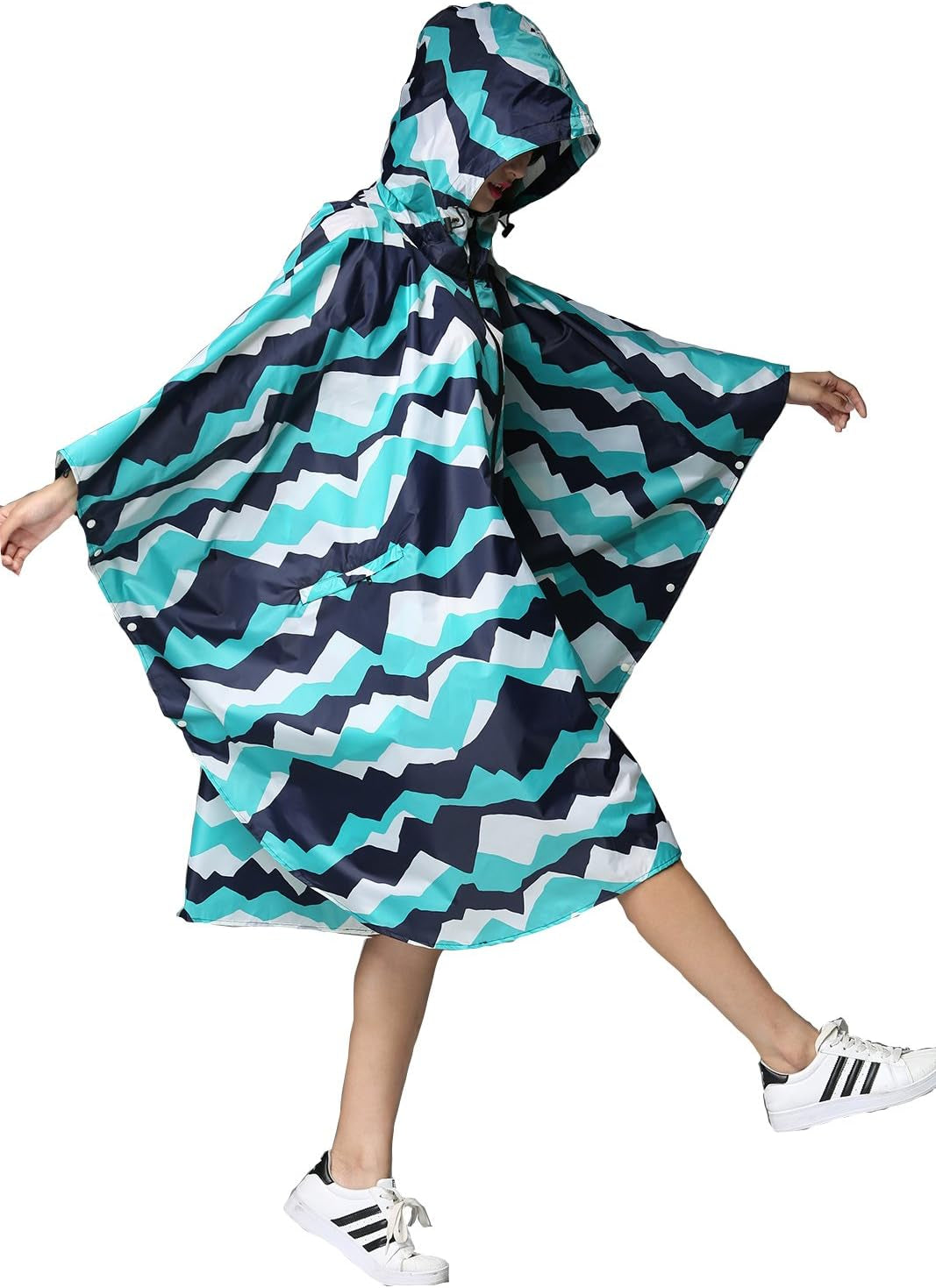 Womens Rain Poncho Stylish Polyester Waterproof Raincoat Free Size with Hood Zipper