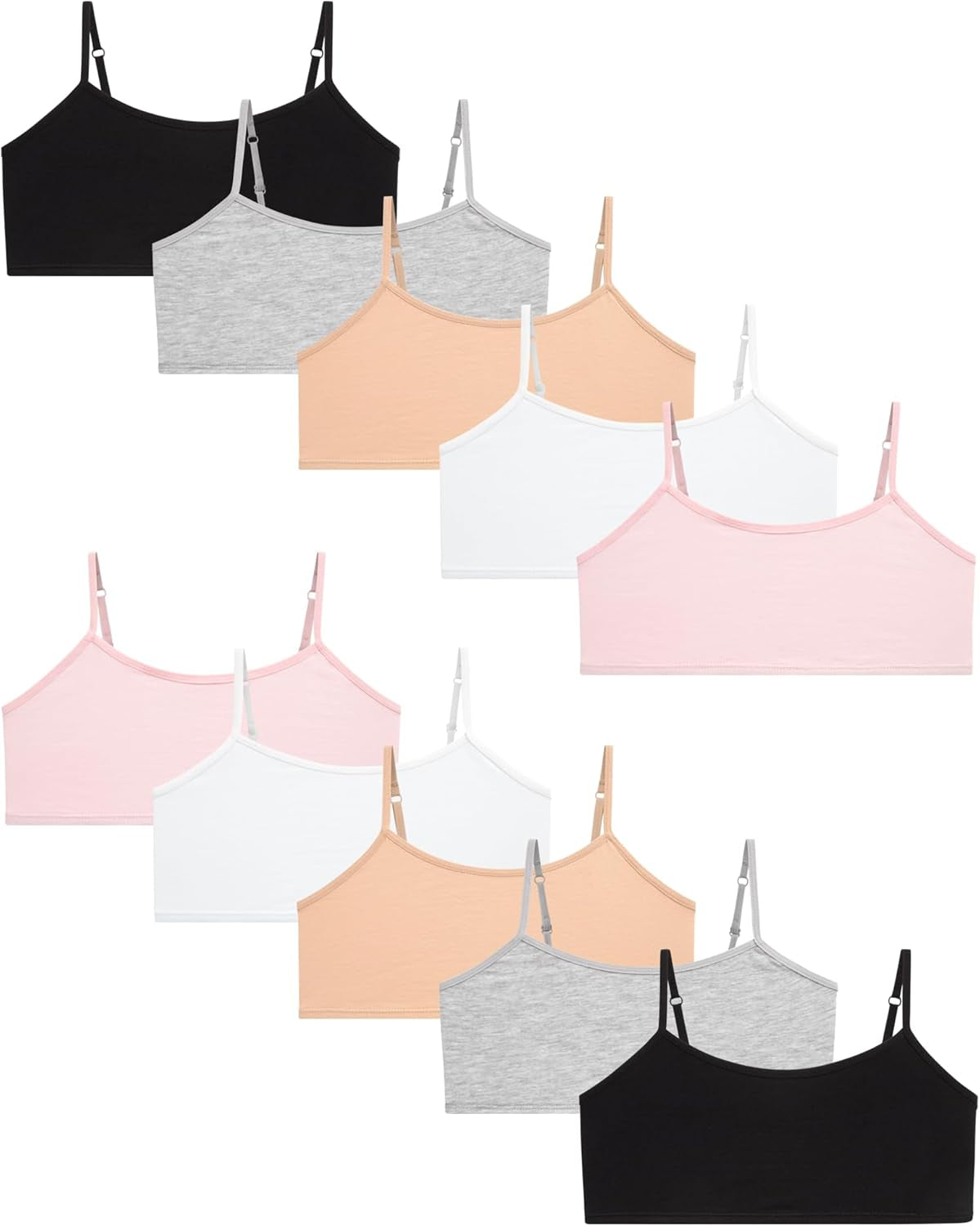 Girls Training Bras - 10 Pack Soft Stretch Cotton Bra, Cami Style Girls Underwear with Adjustable Straps (7-14)