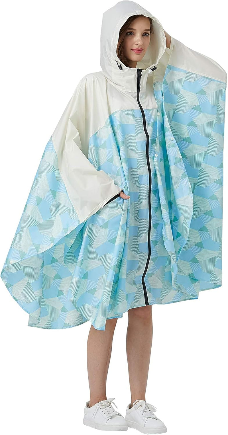 Womens Rain Poncho Stylish Polyester Waterproof Raincoat Free Size with Hood Zipper