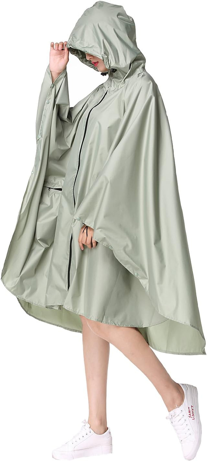 Womens Rain Poncho Stylish Polyester Waterproof Raincoat Free Size with Hood Zipper