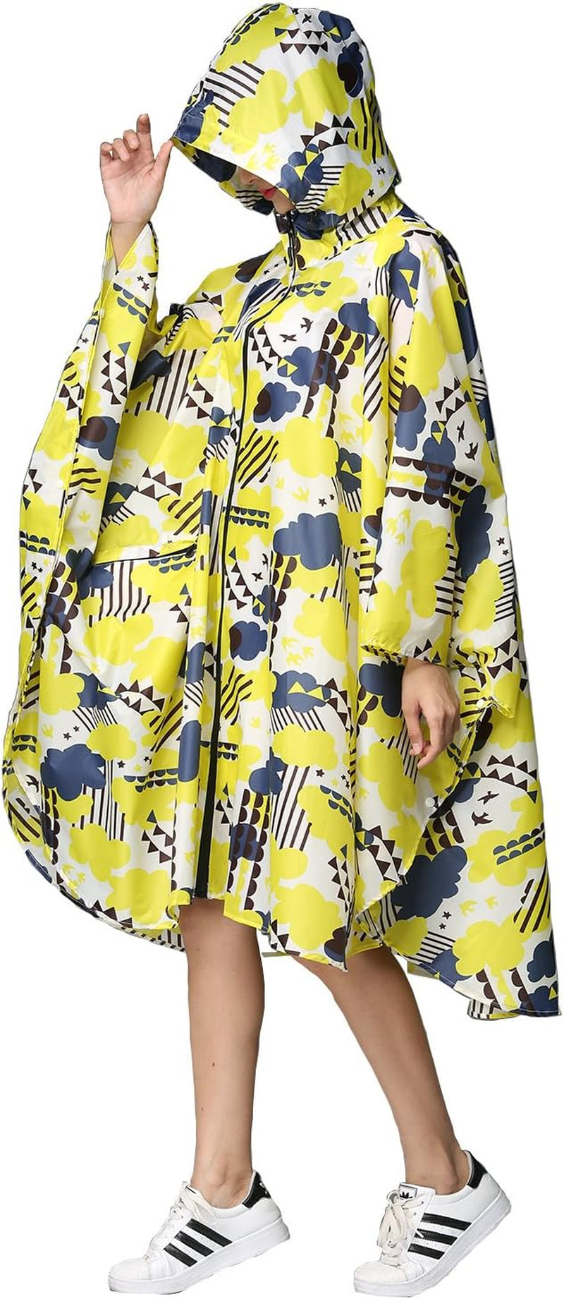 Womens Rain Poncho Stylish Polyester Waterproof Raincoat Free Size with Hood Zipper