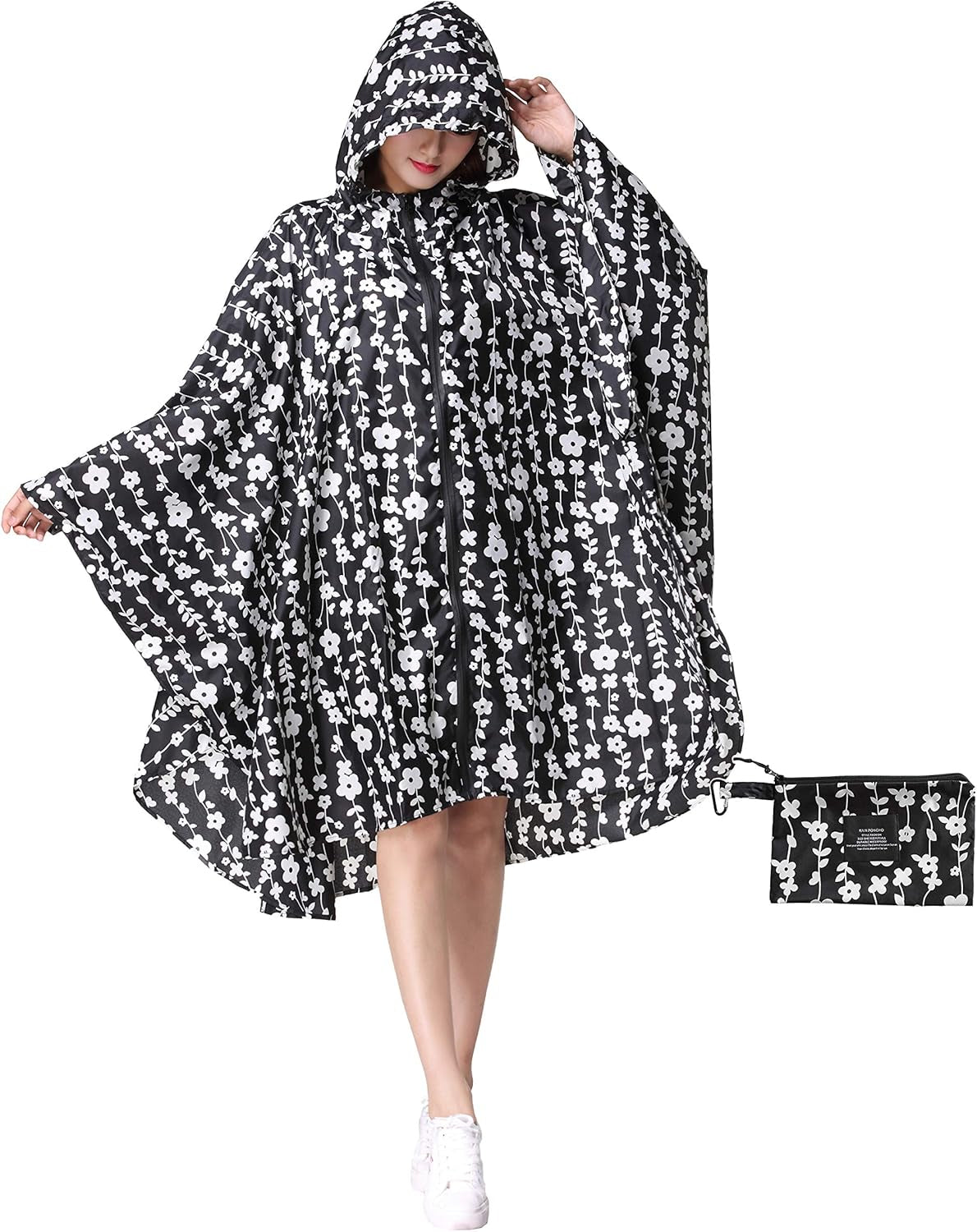 Womens Rain Poncho Stylish Polyester Waterproof Raincoat Free Size with Hood Zipper