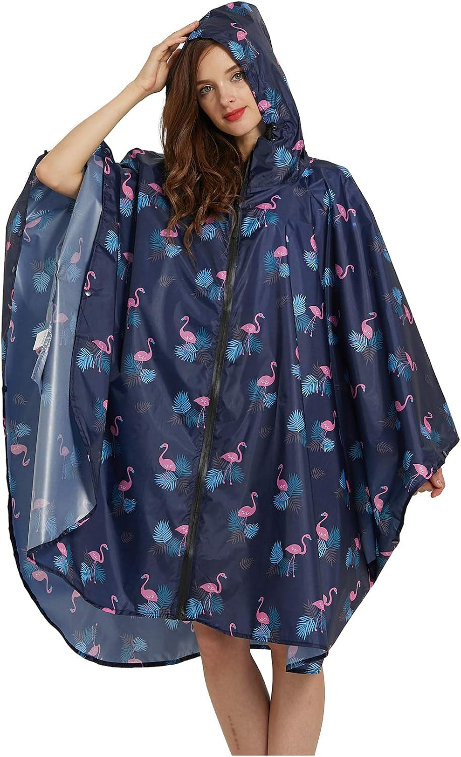 Womens Rain Poncho Stylish Polyester Waterproof Raincoat Free Size with Hood Zipper