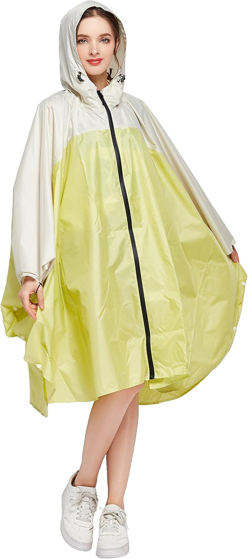 Womens Rain Poncho Stylish Polyester Waterproof Raincoat Free Size with Hood Zipper