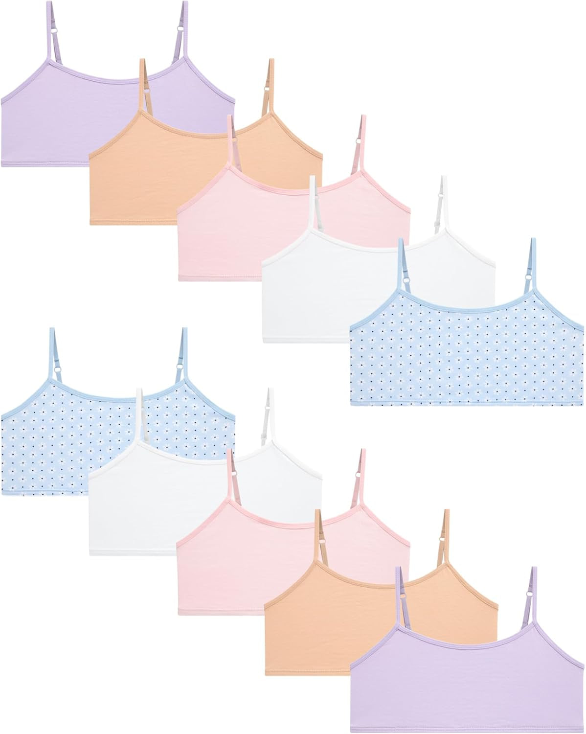 Girls Training Bras - 10 Pack Soft Stretch Cotton Bra, Cami Style Girls Underwear with Adjustable Straps (7-14)