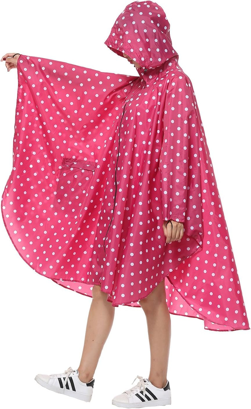Womens Rain Poncho Stylish Polyester Waterproof Raincoat Free Size with Hood Zipper