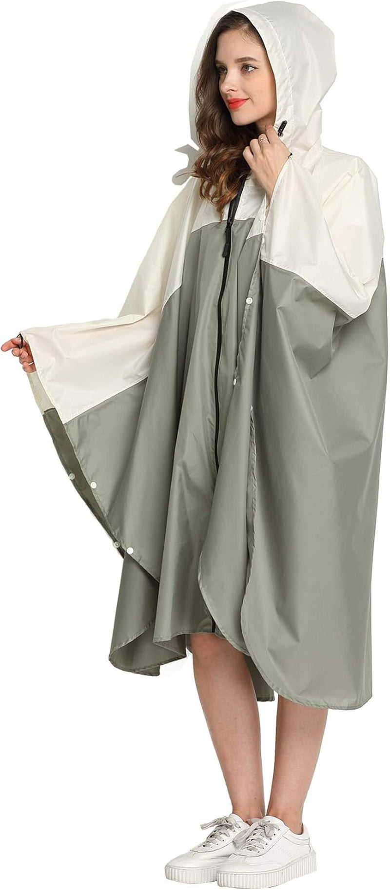Womens Rain Poncho Stylish Polyester Waterproof Raincoat Free Size with Hood Zipper