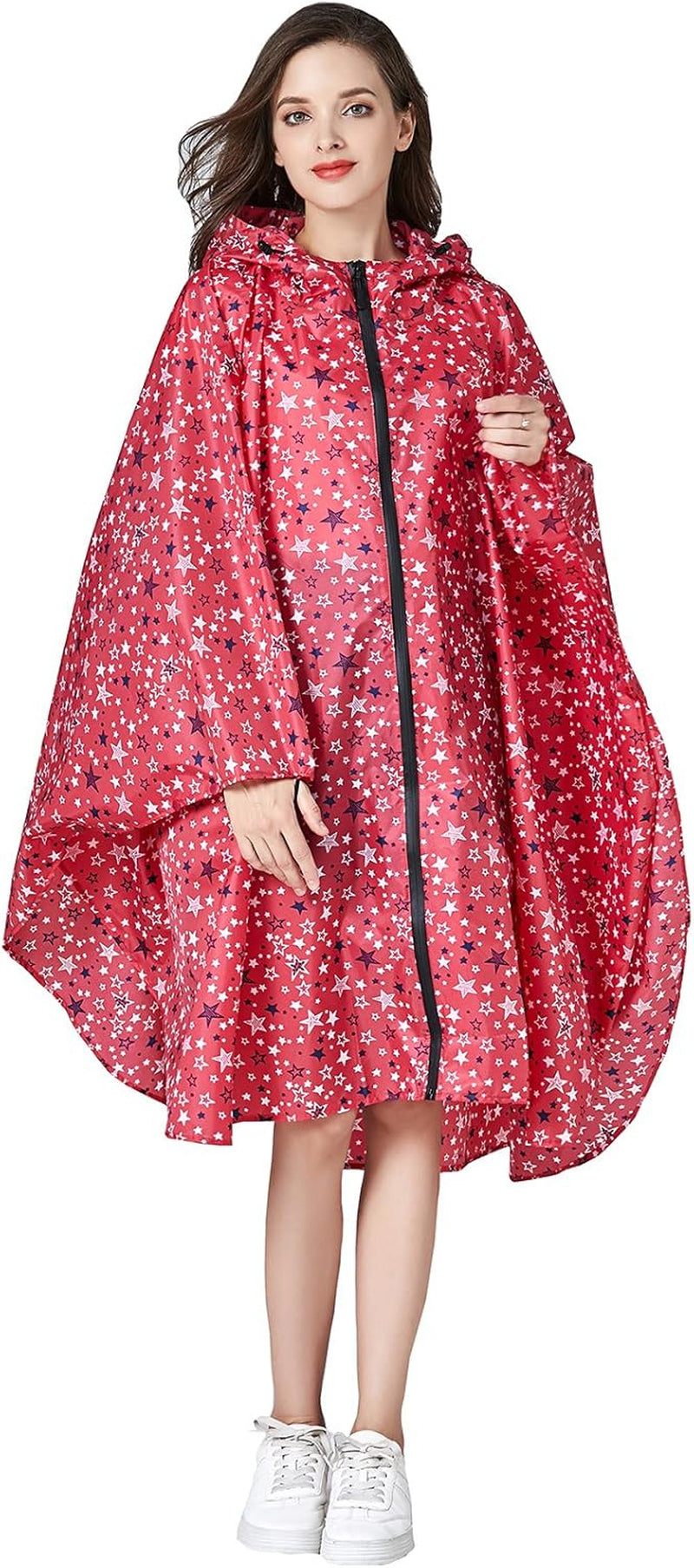 Womens Rain Poncho Stylish Polyester Waterproof Raincoat Free Size with Hood Zipper