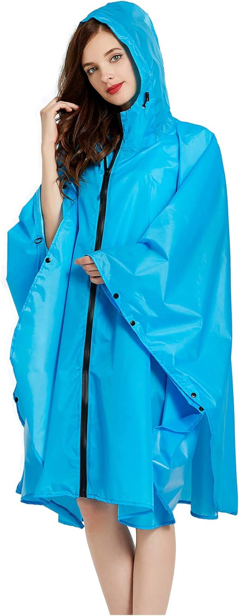 Womens Rain Poncho Stylish Polyester Waterproof Raincoat Free Size with Hood Zipper