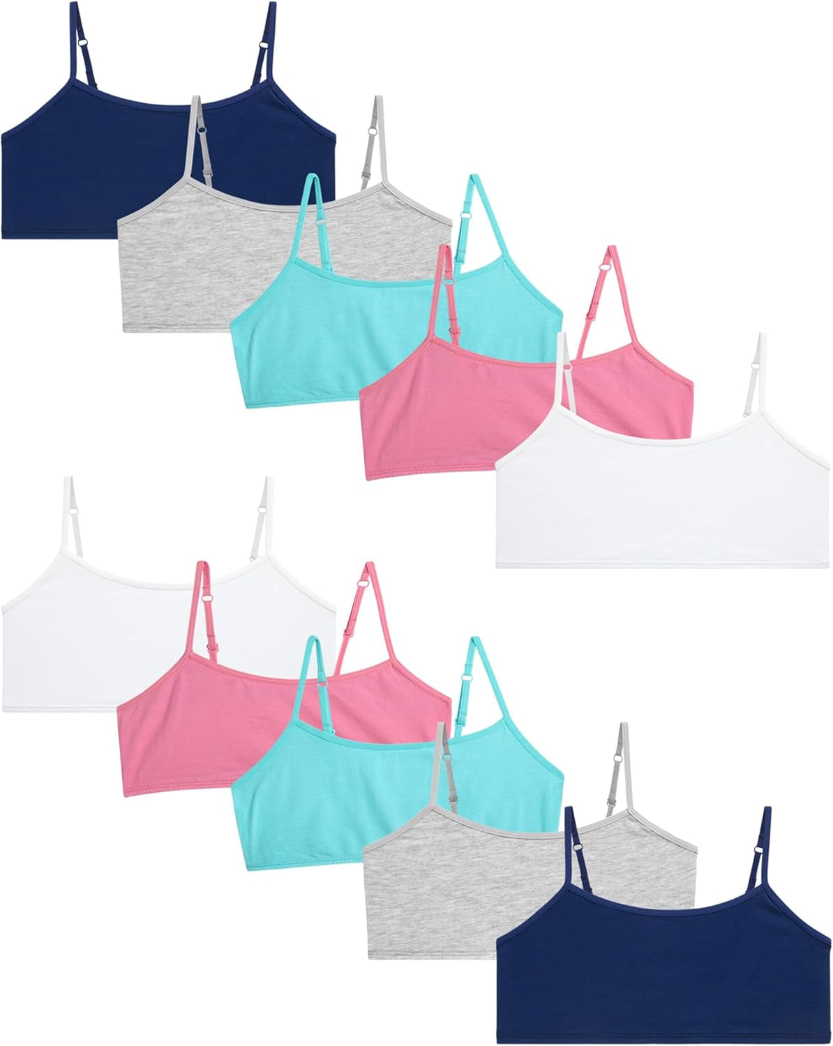 Girls Training Bras - 10 Pack Soft Stretch Cotton Bra, Cami Style Girls Underwear with Adjustable Straps (7-14)