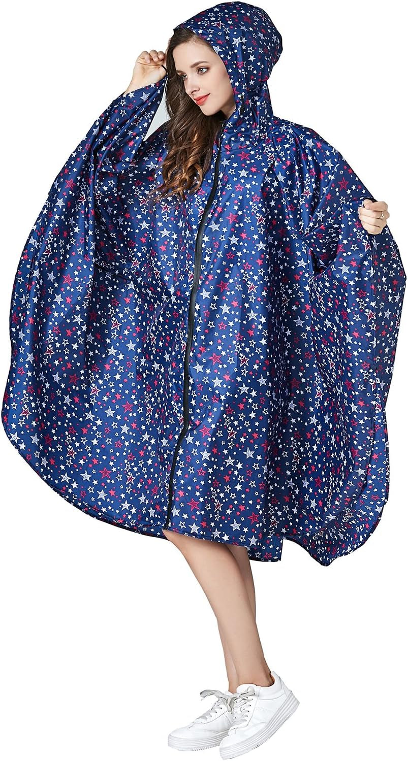 Womens Rain Poncho Stylish Polyester Waterproof Raincoat Free Size with Hood Zipper