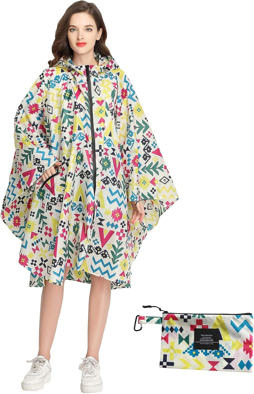 Womens Rain Poncho Stylish Polyester Waterproof Raincoat Free Size with Hood Zipper