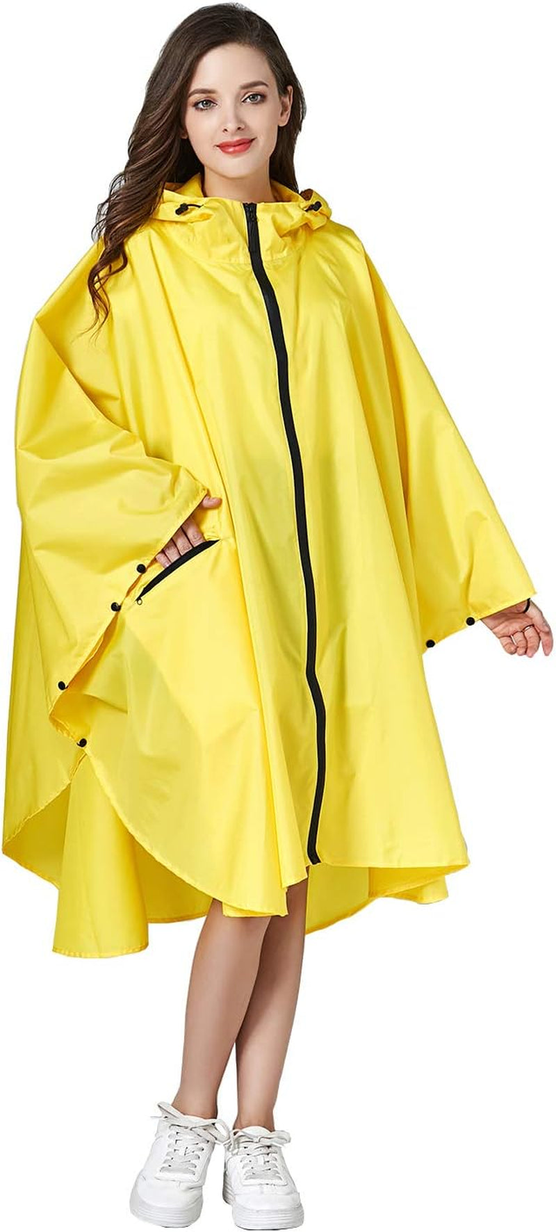 Womens Rain Poncho Stylish Polyester Waterproof Raincoat Free Size with Hood Zipper