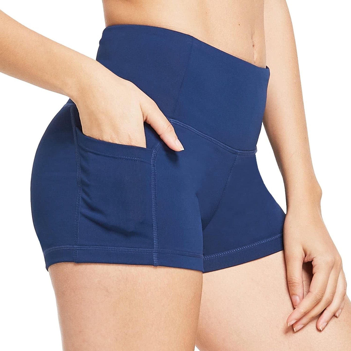Women's High Waist Booty Workout Shorts - 2" Navy Blue Athletic Running Shorts with Side Pockets, Size XL