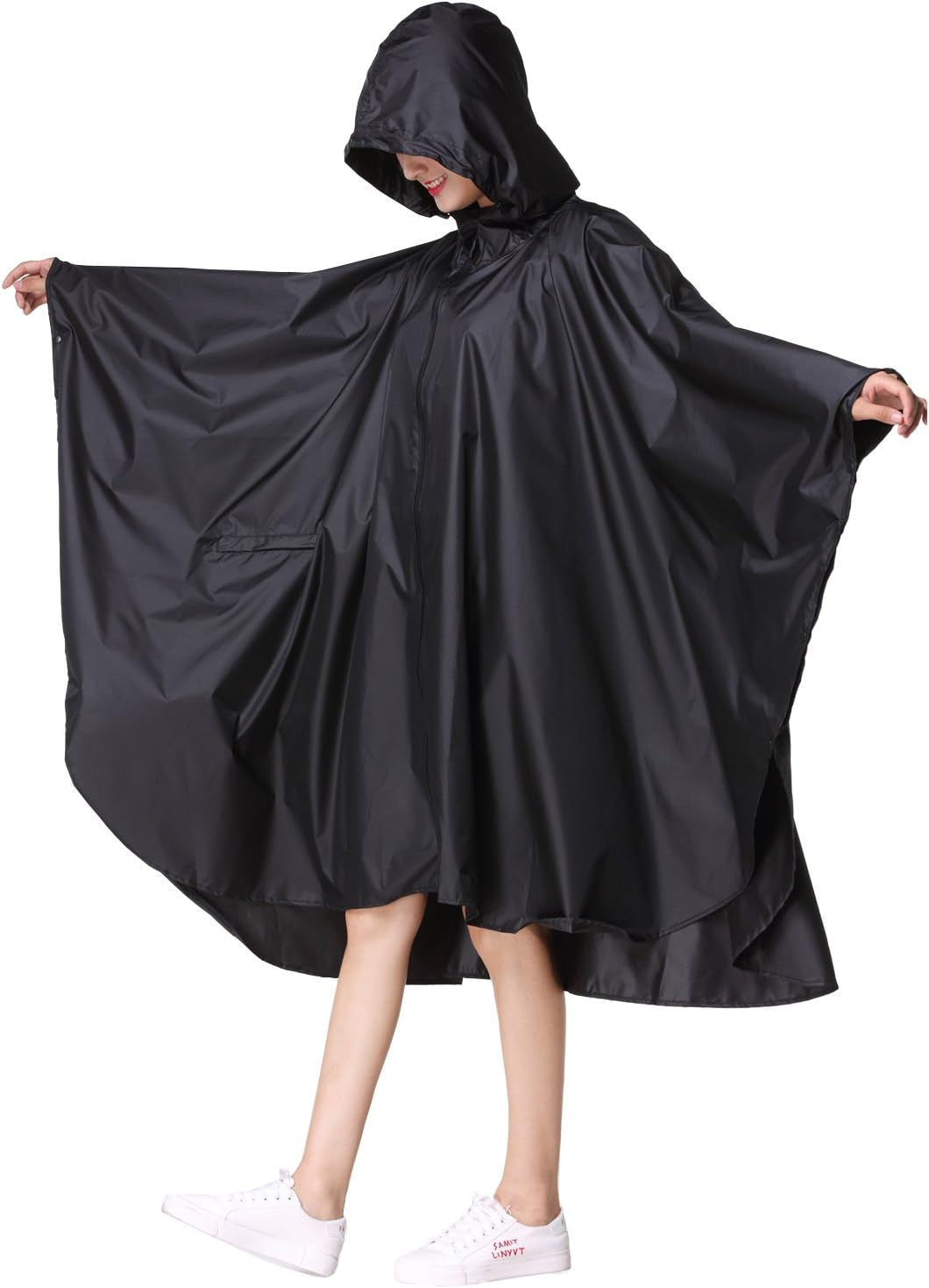 Womens Rain Poncho Stylish Polyester Waterproof Raincoat Free Size with Hood Zipper