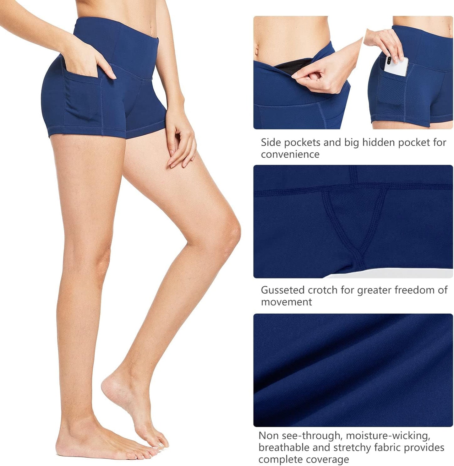 Women's High Waist Booty Workout Shorts - 2" Navy Blue Athletic Running Shorts with Side Pockets, Size XL