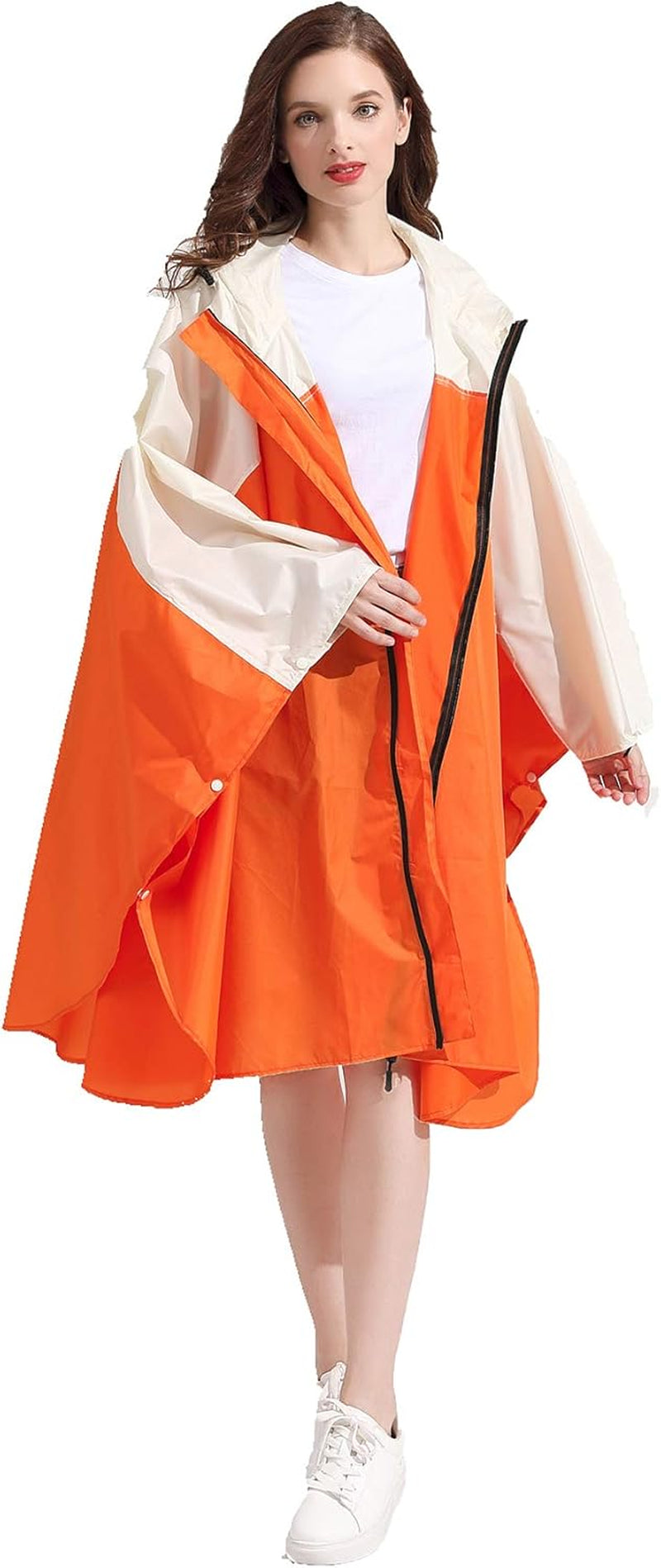 Womens Rain Poncho Stylish Polyester Waterproof Raincoat Free Size with Hood Zipper