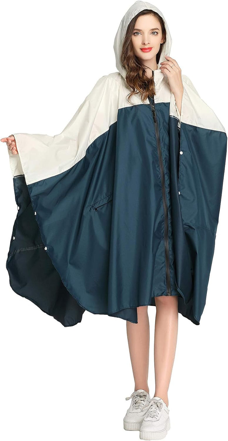 Womens Rain Poncho Stylish Polyester Waterproof Raincoat Free Size with Hood Zipper