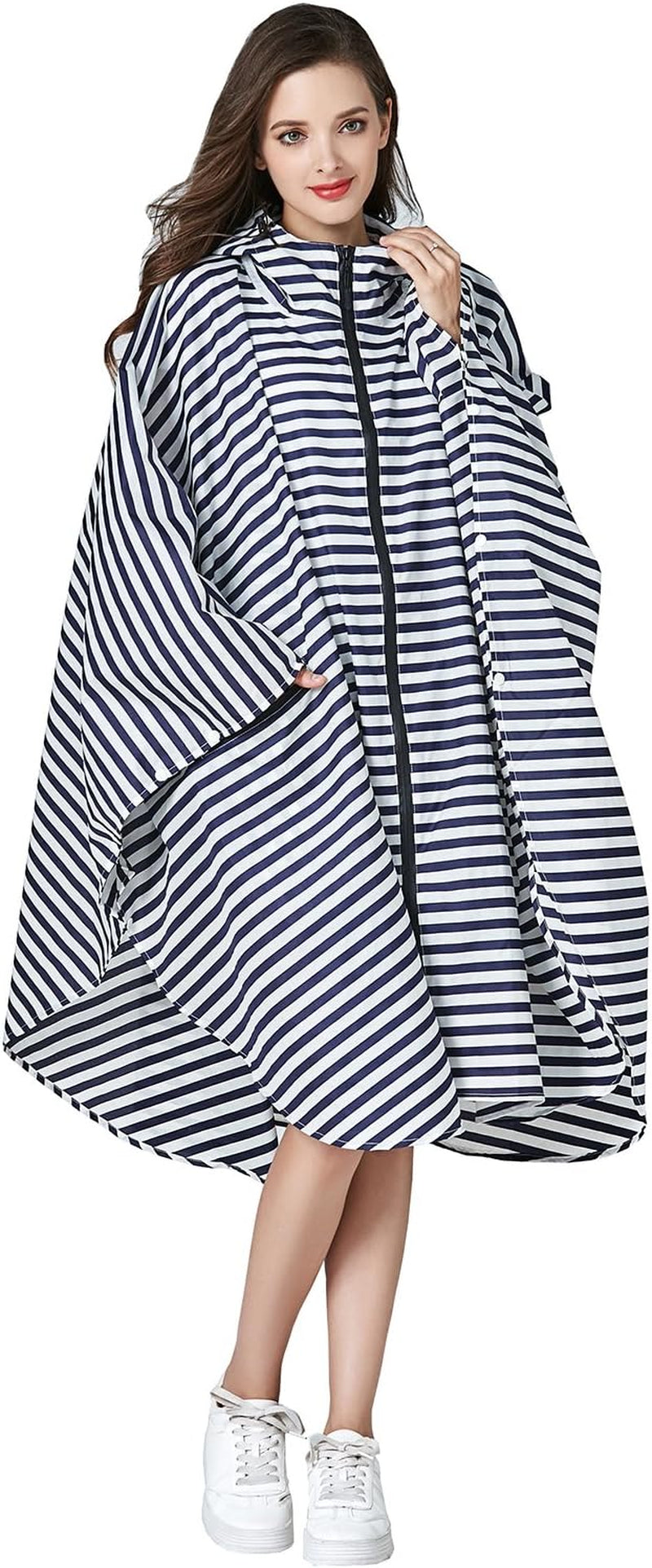 Womens Rain Poncho Stylish Polyester Waterproof Raincoat Free Size with Hood Zipper