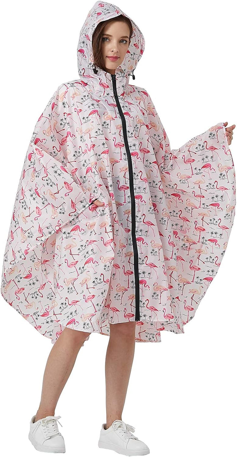 Womens Rain Poncho Stylish Polyester Waterproof Raincoat Free Size with Hood Zipper