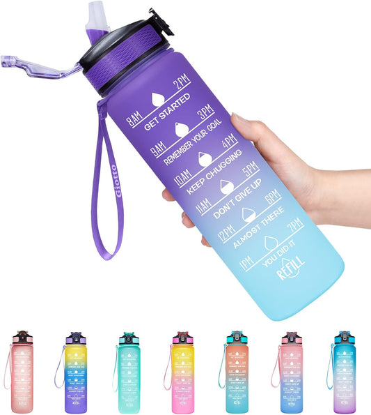 32Oz Large Leakproof BPA Free Drinking Water Bottle with Time Marker and Straw to Ensure You Drink Enough Water Throughout the Day for Fitness and Outdoor Enthusiasts