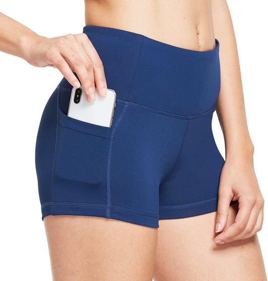 Women's High Waist Booty Workout Shorts - 2" Navy Blue Athletic Running Shorts with Side Pockets, Size XL