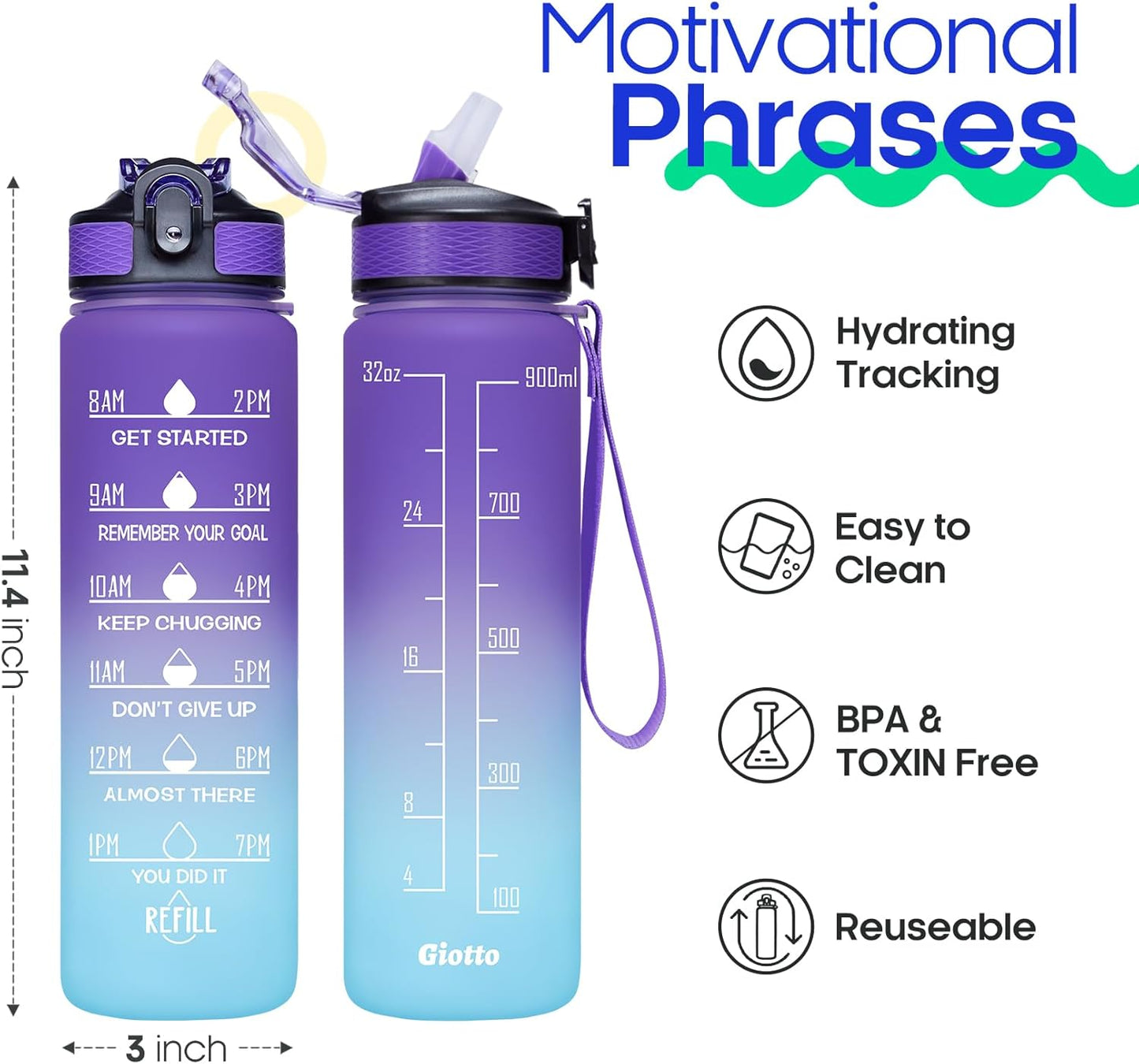 32Oz Large Leakproof BPA Free Drinking Water Bottle with Time Marker and Straw to Ensure You Drink Enough Water Throughout the Day for Fitness and Outdoor Enthusiasts